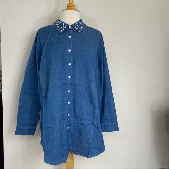 New Vintage Quaker Factory Jeanne Bice Chambray Jewel Button Down Shirt Size 1X - Picture 1 of 16